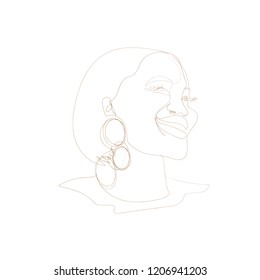 Vector line art drawing ofsmiling woman with earrings.Hand drawn abstract illustrations