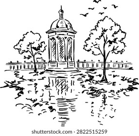 Vector line art drawing of a romantic garden rotunda, classical gazebo or pavilion with trees and birds reflected in a calm river or pond. Aesthetic ink sketch retro landscape scene
