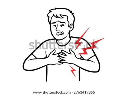 Vector line art drawing of young man holding his chest in agony suffering from acute cardiac distress healthcare medical illustration isolated on white background.
