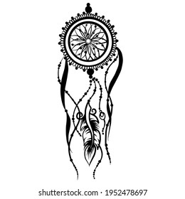 vector Line Art of a dreamcatcher with feather and beads