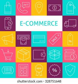 Vector Line Art E-commerce Icons Set. Vector Collection Online Shopping Modern Line Icons for Web and Mobile. Commerce and Marketplace