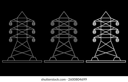 Vector line art of electricity transmission towers. Perfect for energy, power grid, and electrical infrastructure designs. Ideal for engineering and industrial themes