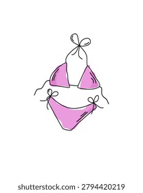 Vector line art element featuring a pink two-piece bikini swimsuit with black outlines. Isolated doodle clip art for summer vacation, beach party and holiday design.