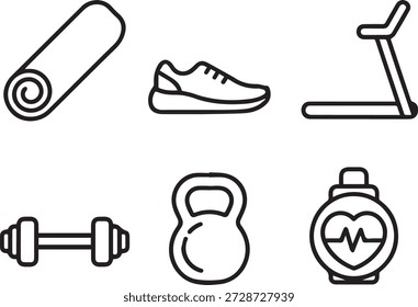 Coleção de ícones de exercício de arte de linha de vetor em estilo de contorno mínimo. Inclui símbolos de fitness, esportes, academia e exercícios para aplicativos, sites e uso educacional.