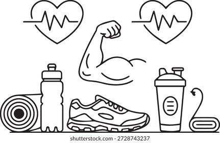Vektorgrafik-Übungssymbolsammlung in minimalem Umrissstil. Umfasst Symbole für Fitness, Sport, Fitnessstudio und Training für Apps, Websites und die Nutzung im Bildungsbereich.