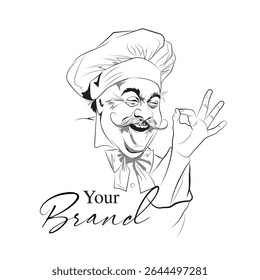 A vector line art of experienced chef, A vector art of senior cook, An element for creating kitchen branding