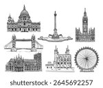Vector line art famous London landmarks illustration set. 