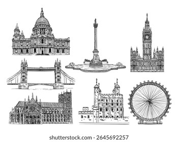 Vetor linha arte famoso Londres marcos ilustração conjunto. 