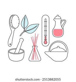 Vetor line art com várias ferramentas de spa e acessórios, perfeito para ilustrações de saúde e bem-estar.