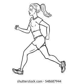 Vector Line Art Female Character. Jogging Young Woman.
