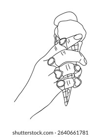 Vector line art of a female hand with stylish rings holding an ice cream cone. Sketch-style black and white drawing, elegant and modern, isolated on a white background