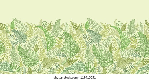 Vector Line Art Fern Leaves Horizontal Seamless Pattern Background Ornament with hand drawn textured fern plants.