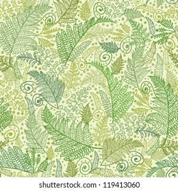 Vector Line Art Fern Leaves Seamless Pattern Background with hand drawn textured fern plants.