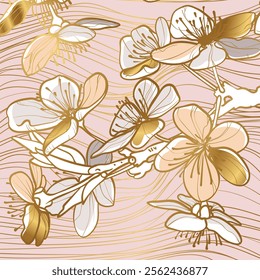 Vector line art and flat fill golden cherry blossoms flowers in square design. Elegant and luxurious design for invitations or social media posts. Hand drawn vector graphic assets for prints or online