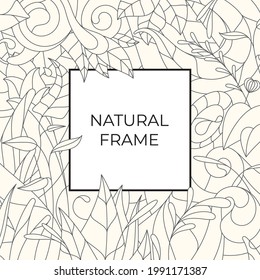 Vector line art floral frame with leaves.
