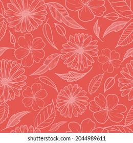 Vector line art floral seamless pattern background