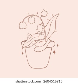 Vector line art flower in pot with cute little cat, vector art