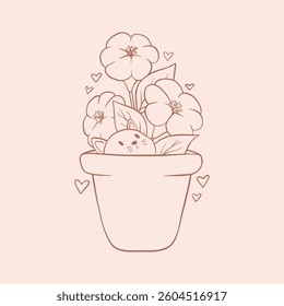 Vector line art flower in pot with cute little cat, vector art