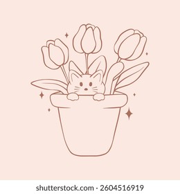 Vector line art flower in pot with cute little cat, vector art