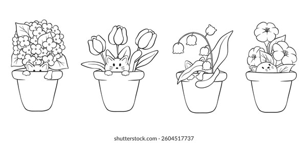 Vector line art flowers in pot with cute little cat, cute vector collection