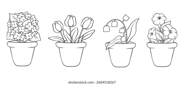 Vector line art flowers in pot, cute vector collection