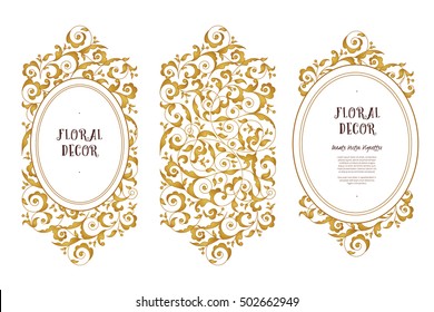 Vector line art frame for design template. Vintage element in Eastern style. Golden outline floral borders. Mono line decor for invitations, greeting cards, certificate, thank you message.