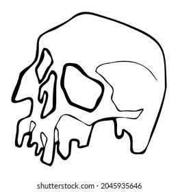 vector line art freehand drawing of a human skull in cartoon style isolated on white background. useful for Halloween product design, postcards, print, tattoo, poster, web element and graphic design.