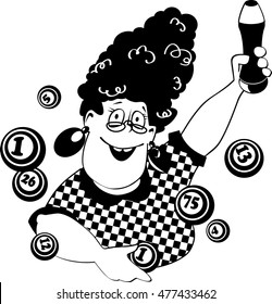 Vector line art of a funny cartoon woman playing bingo, EPS 8, no white objects