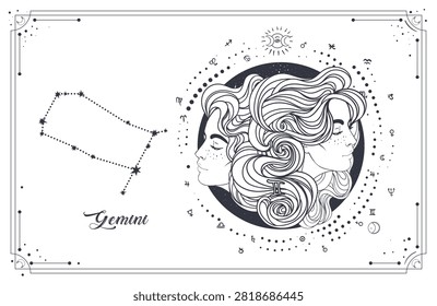 Vector line art of Gemini zodiac woman with sacred geometry and celestial star chart. Modern mystical astrology illustration connected with horoscope reading, new age spiritual symbolism.