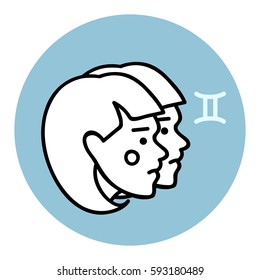 Vector line art gemini zodiac symbol astrology illustration air element in grey round