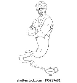 Vector Line Art Genie and Magic Lamp