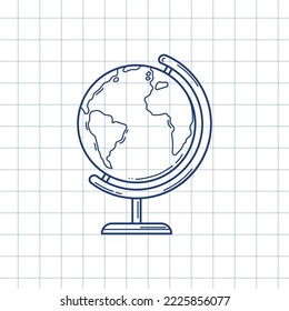 Globo de arte de línea de vector para estudiar geografía en estilo de esbozo aislado en fondo de cuadros blancos