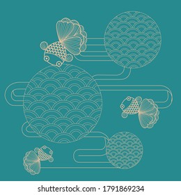 Vector line art of golden gold fishes with oriental pattern and frame.