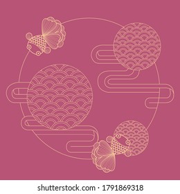Vector line art of golden gold fishes with oriental pattern and frame.