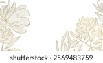 Vector line art golden peonies, japanese style luxury background, royal elegant flowers frame, background, wedding invitation, vintage elements