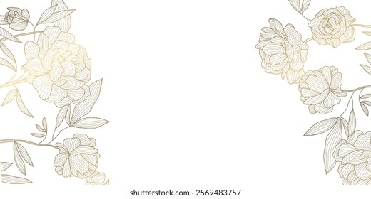 Vector line art golden peonies, japanese style luxury background, royal elegant flowers frame, background, wedding invitation, vintage elements