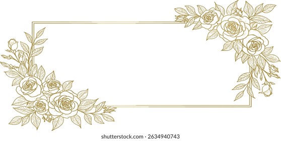 Vector line art golden peonies, japanese style luxury background, royal elegant flowers frame, background, wedding invitation, vintage