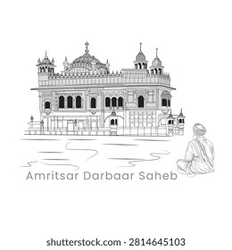 Vector line art of the Golden Temple, an illustration of a man worshipping in Gurudwara, Hand-drawing illustration of Amritsar historical pilgrimage