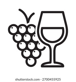 Arte em linha vetorial de um aglomerado de uva e um copo de vinho, simbolizando viticultura, celebração e bebidas alcoólicas.