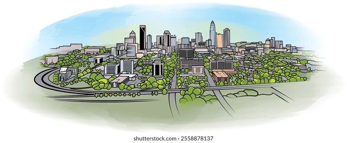 Vector line art graphic of the Charlotte, North Carolina Skyline encircled in infrastructure to highlight growth. Colorized with simplified watercolor and ink