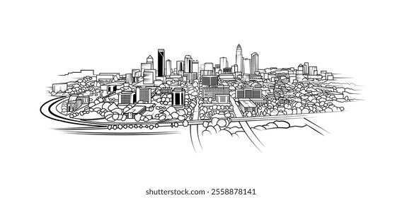 Vector line art graphic of the Charlotte, North Carolina Skyline encircled in infrastructure to highlight growth