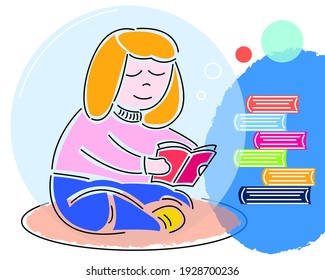 Vector line art graphic illustration girl read book