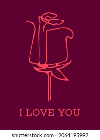tarjeta de saludo de arte de línea vectorial con rosa elegante en colores rosados con el texto "te amo". útil para postales del Día de San Valentín, Día Internacional de la Mujer, Día de la Madre, como declaración de amor.