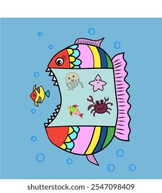 Vector Line Art of Grouper Fish on Grey Background Cute Cartoon Clip art and Icon