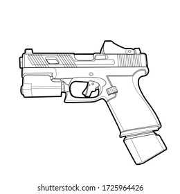 Vector line art gun flat illustration for concept design. Black-white icon for website and mobile apps. Stroke, cower drawing for notebook. Modern weapon. Black contour Isolated on white background.