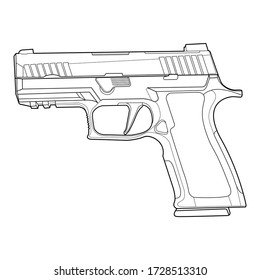 Vector line art gun flat illustration for concept design. Black-white icon for website and mobile apps. Stroke, cower drawing for notebook. Modern weapon. Black contour Isolated on white background.