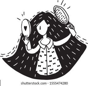 Vector line art hair drawing.  Woman having a bad hair day.