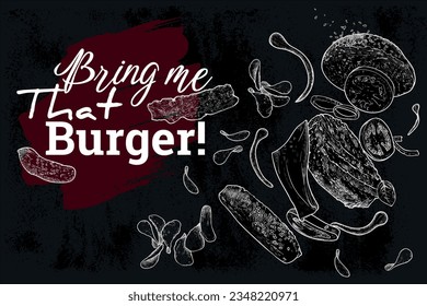 Vector line art hamburger ingredients flying, exploding. Hand drawn burger on black background.