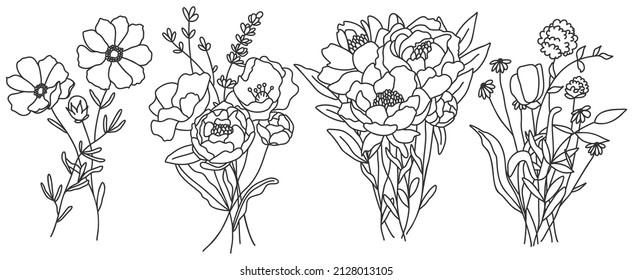 Vector line art hand drawn bouquet of flowers