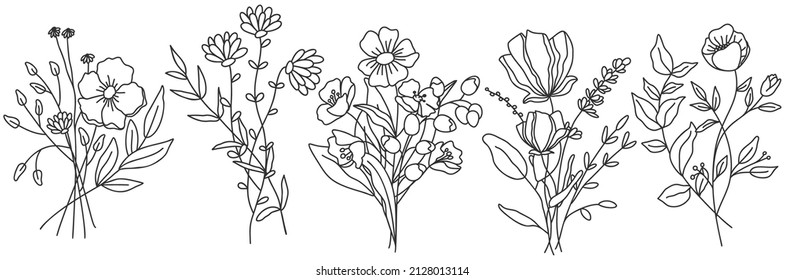 Vector line art hand drawn bouquet of flowers